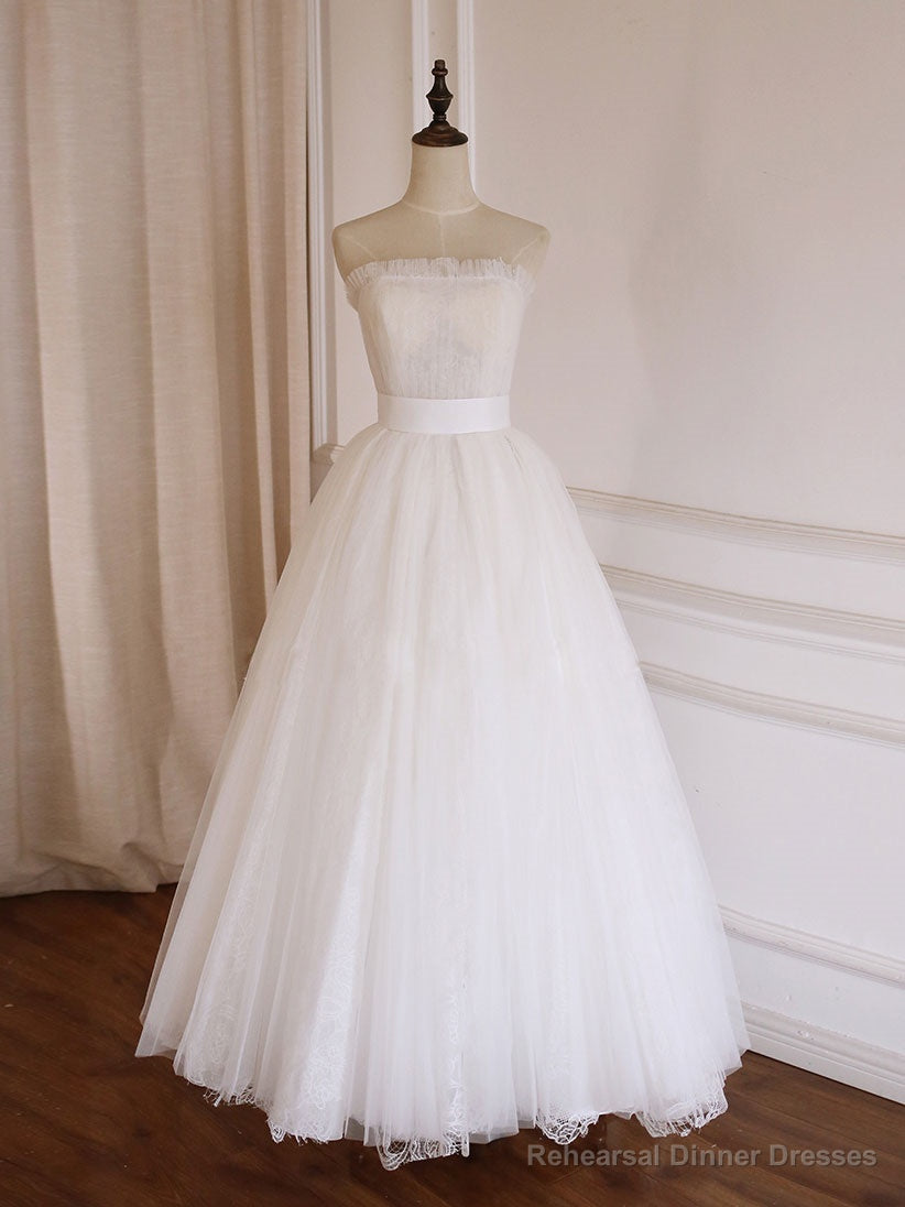 Simple  Lace Tea Length White Prom Dress, Tulle Lace Bridesmaid Dress Main image