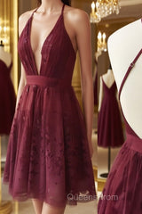 Simple lace v neck tulle short Evening Prom Dress, homecoming Dress