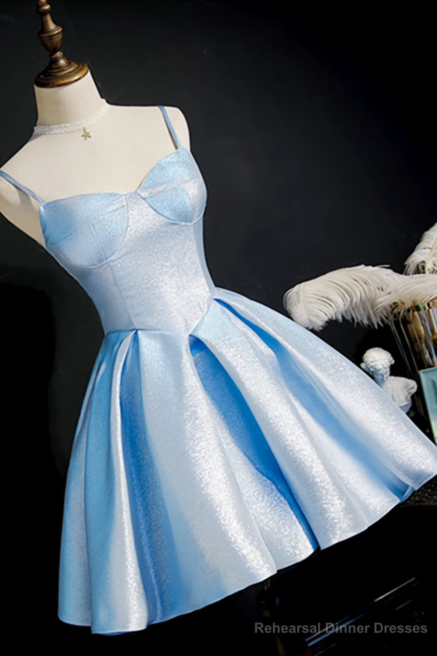 Simple Light Blue Lace Up Back Spaghetti Straps Short Homecoming Dresses,Formal Dresses Main image