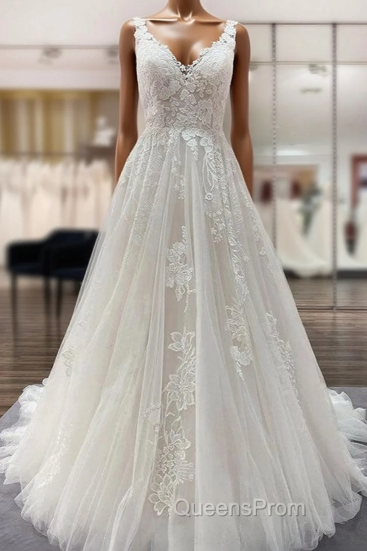 Simple Long A-line Tulle Lace V Neck Appliques Lace Open Back Wedding Dress Main image