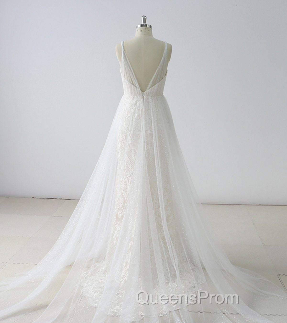 Simple Long A-line V Neck Tulle Wedding Dress Secondary image
