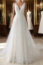 Simple Long A-line V Neck Tulle Wedding Dress
