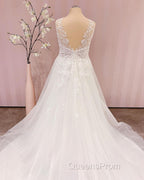 Simple Long V-neck A-Line Backless Wedding Dress With Appliques Lace
