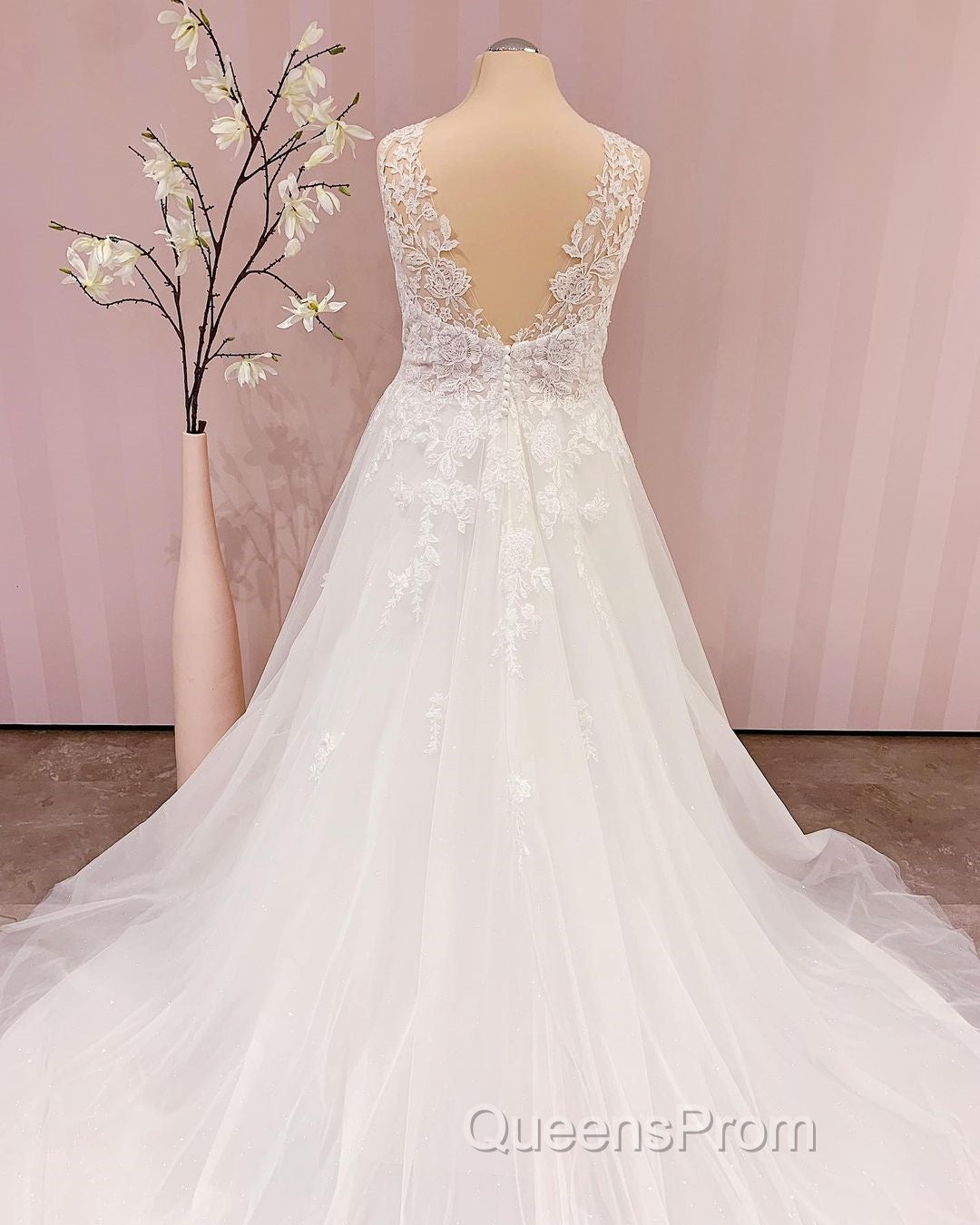 Simple Long V-neck A-Line Backless Wedding Dress With Appliques Lace