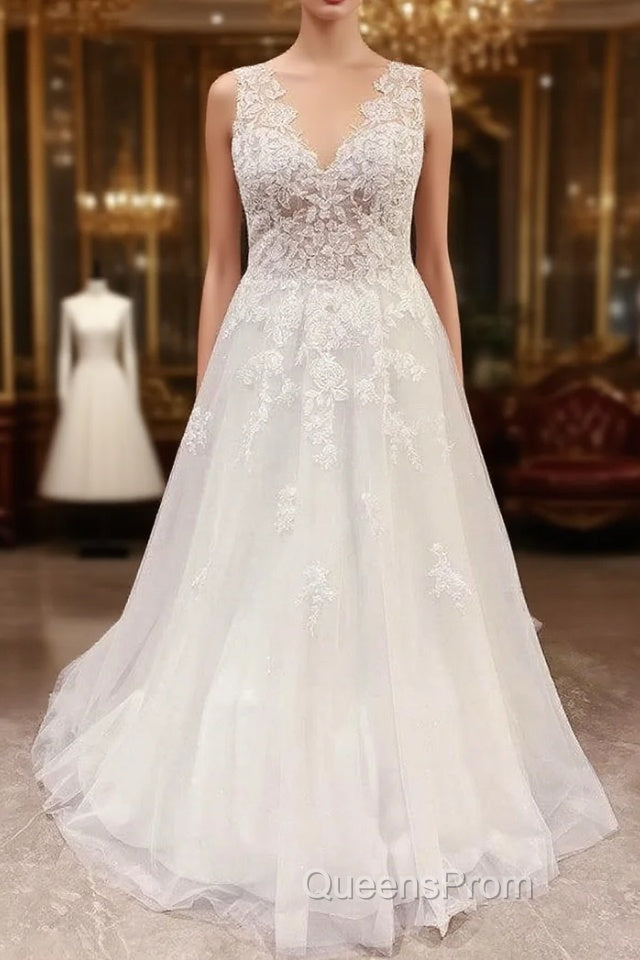 Simple Long V-neck A-Line Backless Wedding Dress With Appliques Lace Main image