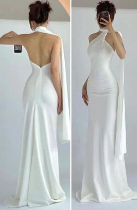 Simple Mermaid High Neckline White Party Dress Long Classy Prom Dress, Main image