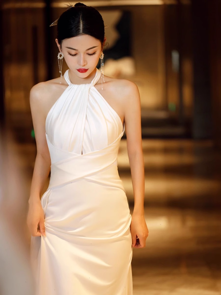 Simple Mermaid Halter Party Dress Long White Classy Prom Dress
