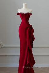 Simple Mermaid Off The Shoulder Neckline Burgundy Sequin Long Party Dress Evening Prom Dress