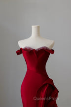 Simple Mermaid Off The Shoulder Neckline Burgundy Sequin Long Party Dress Evening Prom Dress