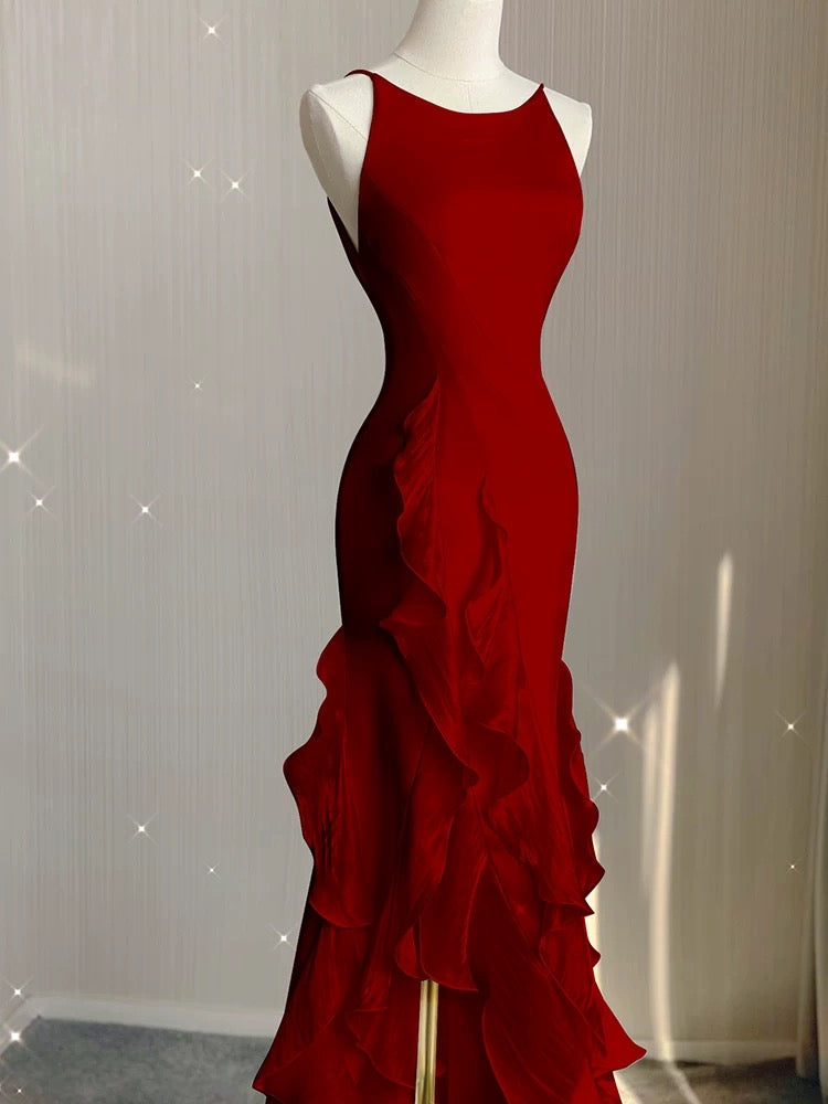 Simple Mermaid Classy Prom Gown With Ruffles Spaghetti Straps Backless Classy Prom Dress For Date