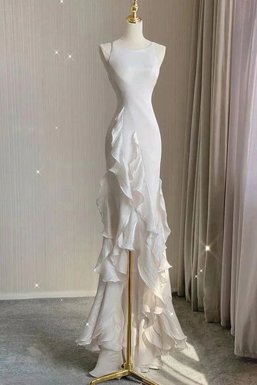 Simple Mermaid Classy Prom Gown With Ruffles Spaghetti Straps Backless Classy Prom Dress For Date