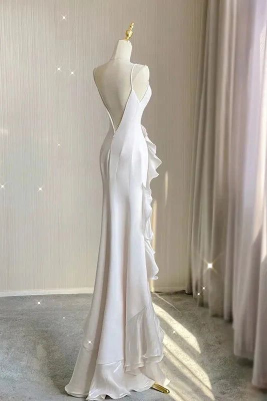 Simple Mermaid Classy Prom Gown With Ruffles Spaghetti Straps Backless Classy Prom Dress For Date