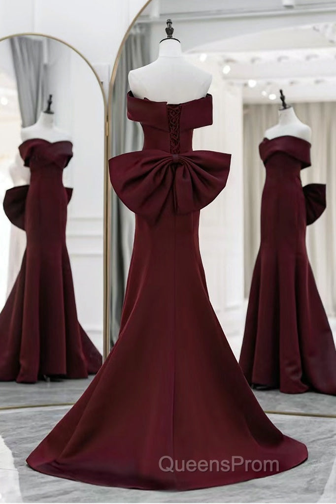 Simple Mermaid Satin Burgundy Long Evening Prom Dress, Burgundy Long Formal Dress Secondary image