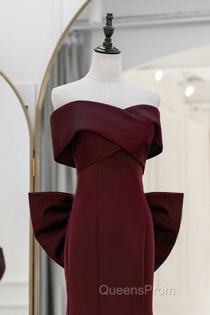 Simple Mermaid Satin Burgundy Long Evening Prom Dress, Burgundy Long Formal Dress