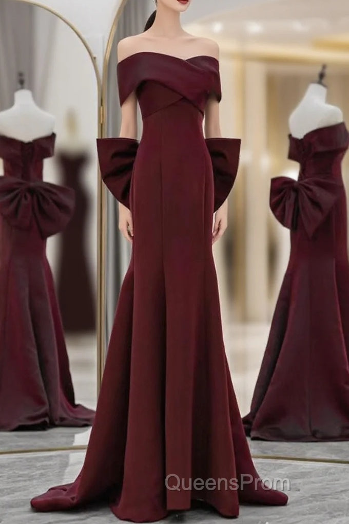 Simple Mermaid Satin Burgundy Long Evening Prom Dress, Burgundy Long Formal Dress Main image
