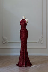 Simple Mermaid Scoop Neckline Burgundy Sequin Long Party Dress Evening Prom Dress
