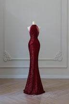 Simple Mermaid Scoop Neckline Burgundy Sequin Long Party Dress Evening Prom Dress