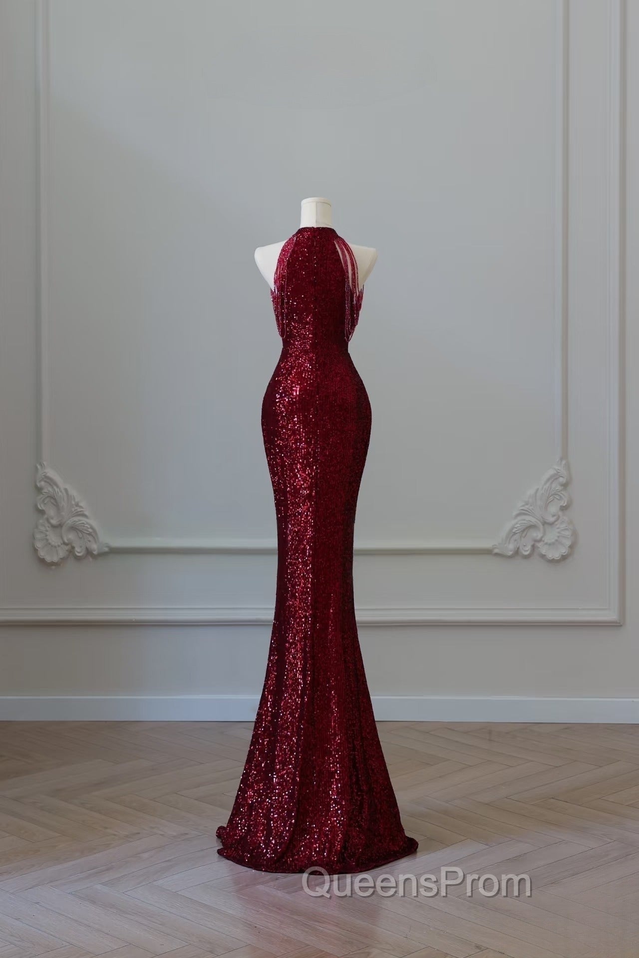 Simple Mermaid Scoop Neckline Burgundy Sequin Long Party Dress Evening Prom Dress