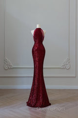 Simple Mermaid Scoop Neckline Burgundy Sequin Long Party Dress Evening Prom Dress