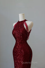 Simple Mermaid Scoop Neckline Burgundy Sequin Long Party Dress Evening Prom Dress