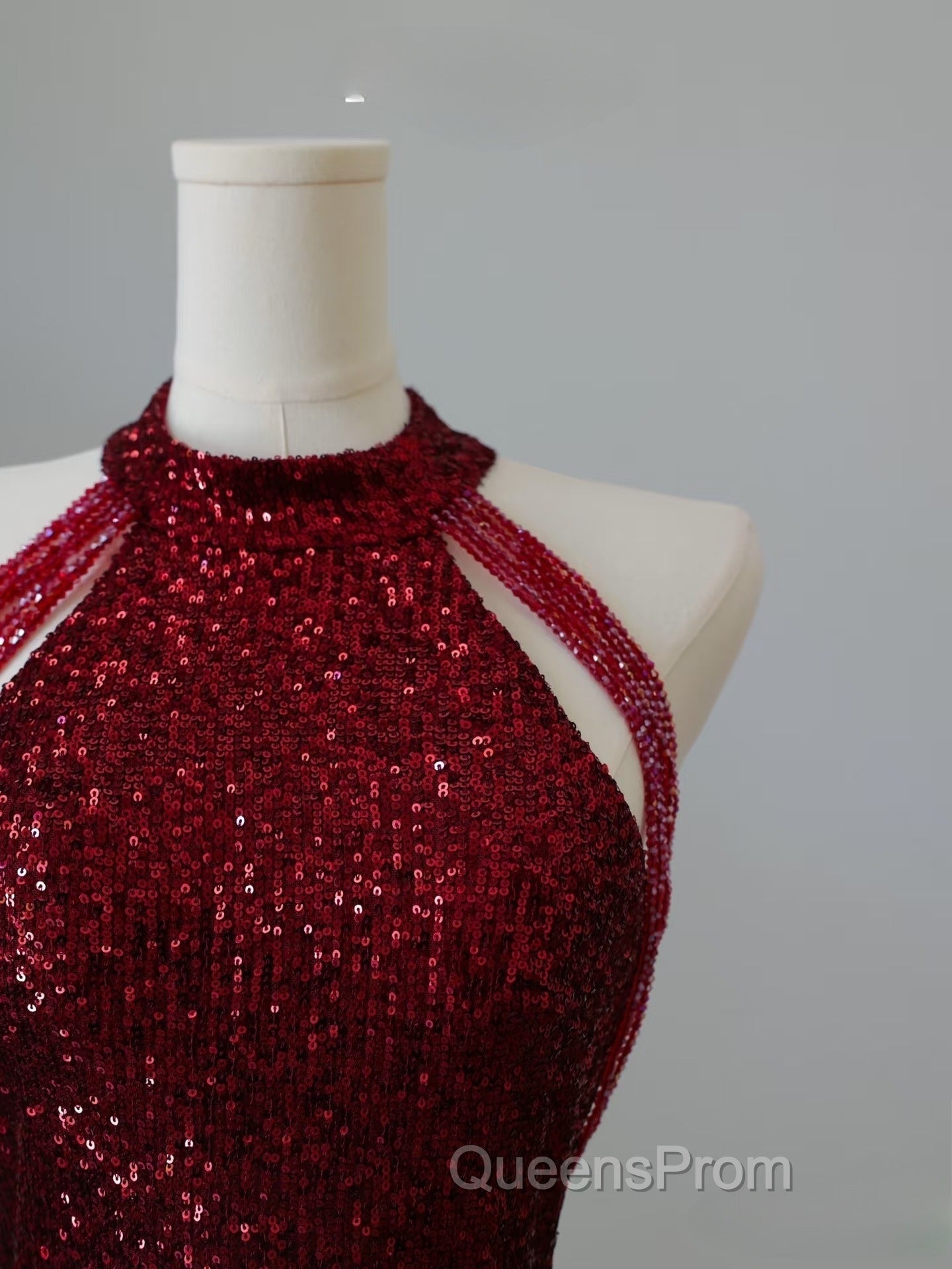 Simple Mermaid Scoop Neckline Burgundy Sequin Long Party Dress Evening Prom Dress