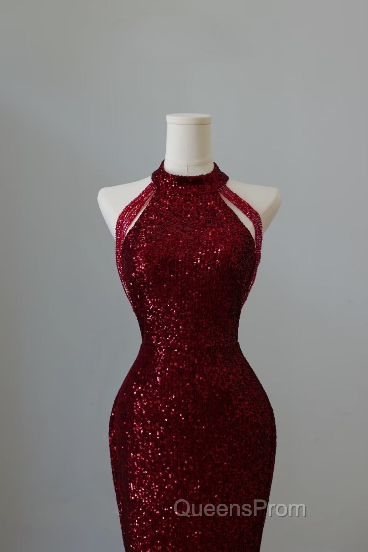 Simple Mermaid Scoop Neckline Burgundy Sequin Long Party Dress Evening Prom Dress