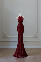 Simple Mermaid Scoop Neckline Burgundy Sequin Long Party Dress Evening Prom Dress