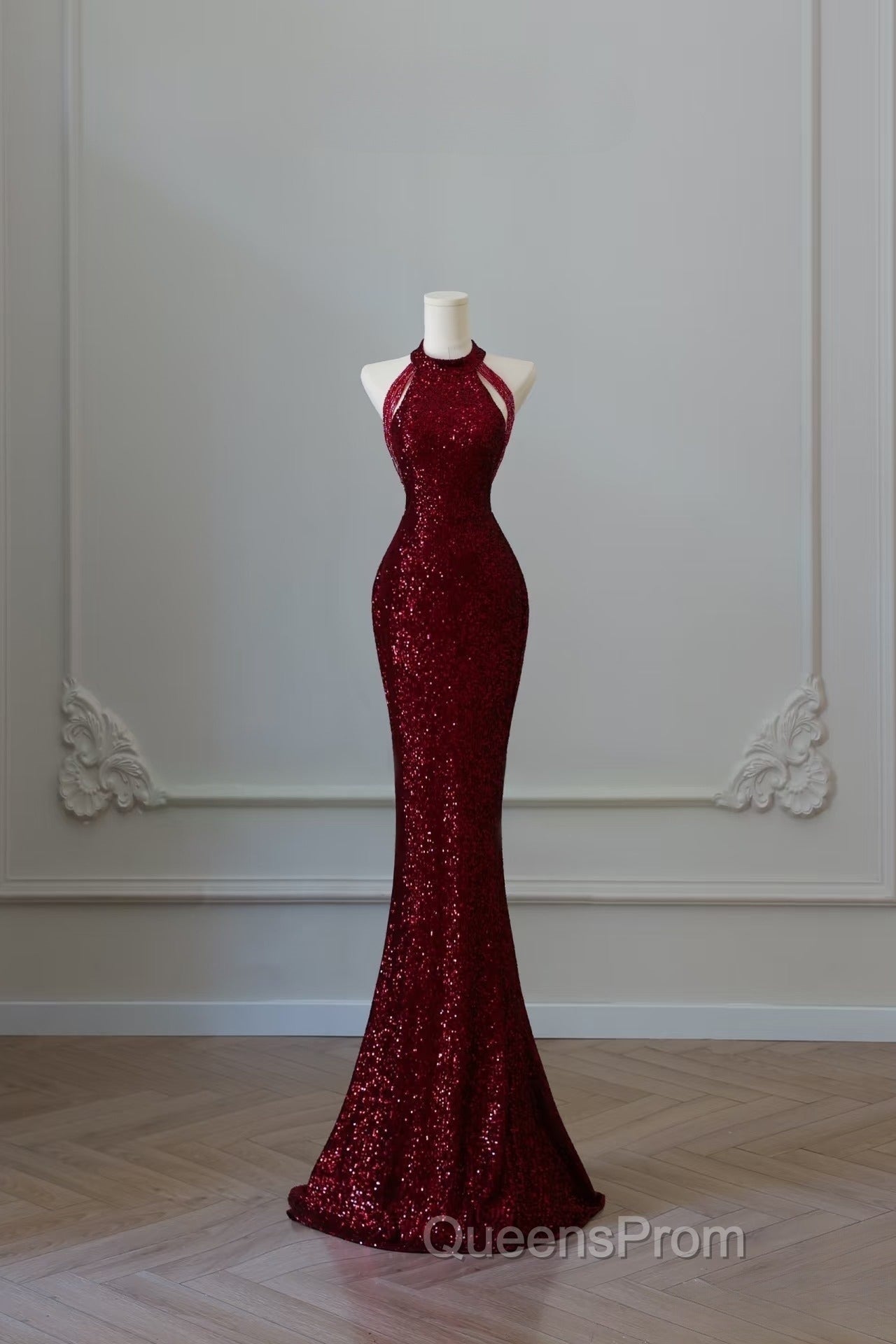 Simple Mermaid Scoop Neckline Burgundy Sequin Long Party Dress Evening Prom Dress