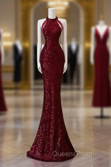Simple Mermaid Scoop Neckline Burgundy Sequin Long Party Dress Evening Prom Dress
