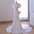 Simple Mermaid Scoop Neckline Satin White Long Wedding Dress