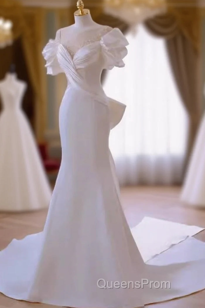 Simple Mermaid Scoop Neckline Satin White Long Wedding Dress Main image