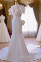 Simple Mermaid Scoop Neckline Satin White Long Wedding Dress