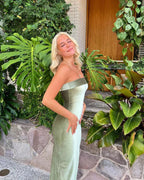Simple Mermaid Sleeveless Strapless Velvet Long Classy Prom Dress
