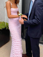 Simple Mermaid Spaghetti Straps Floor Length Sleeveless Pink Classy Prom Dress