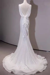 Simple Mermaid Spaghetti Straps Sequin White Long Wedding Dress