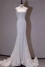Simple Mermaid Spaghetti Straps Sequin White Long Wedding Dress