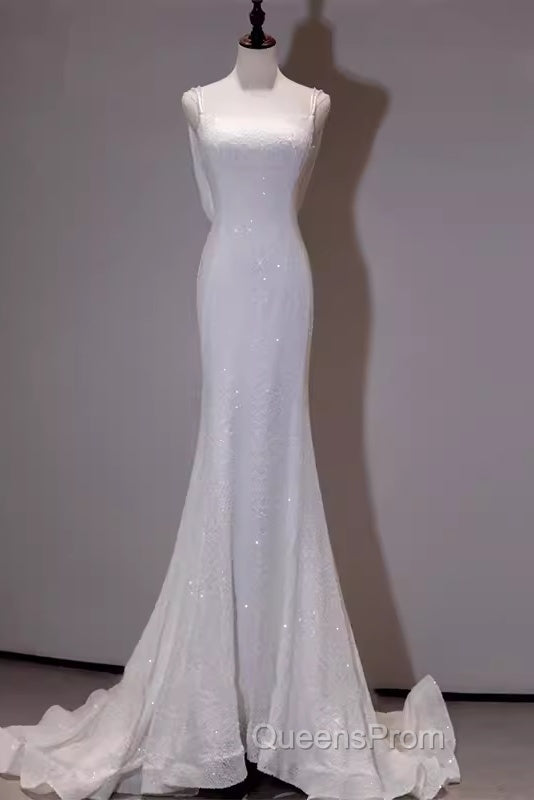 Simple Mermaid Spaghetti Straps Sequin White Long Wedding Dress