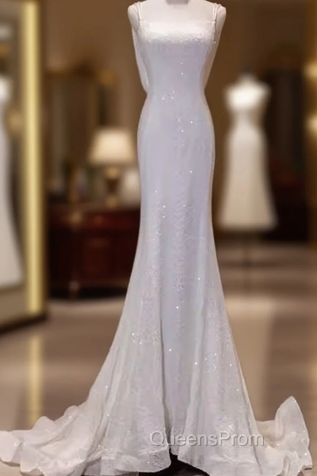 Simple Mermaid Spaghetti Straps Sequin White Long Wedding Dress Main image
