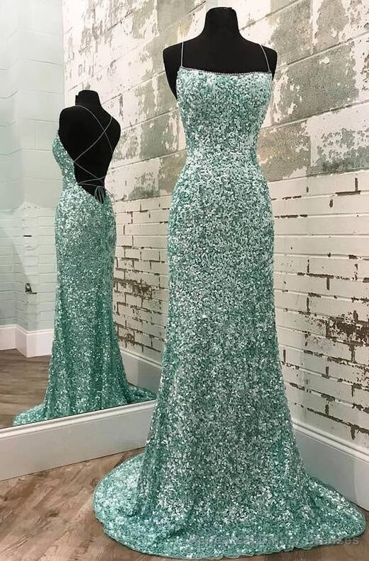Simple Mermaid Sparkle Scoop Neck Cross Back Sequin Prom Dresses Main image