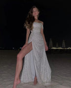 Simple Mermaid Strapless Floor Length Sleeveless Sequin Classy Prom Dress