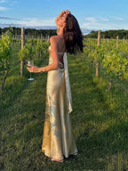 Simple Mermaid Strapless Neckline Long Party Dress Satin Yellow Classy Prom Dress