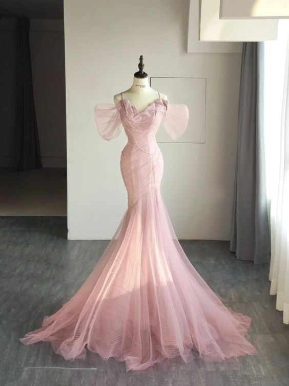 Simple Mermaid Straps Pink Tulle Long Classy Prom Dress