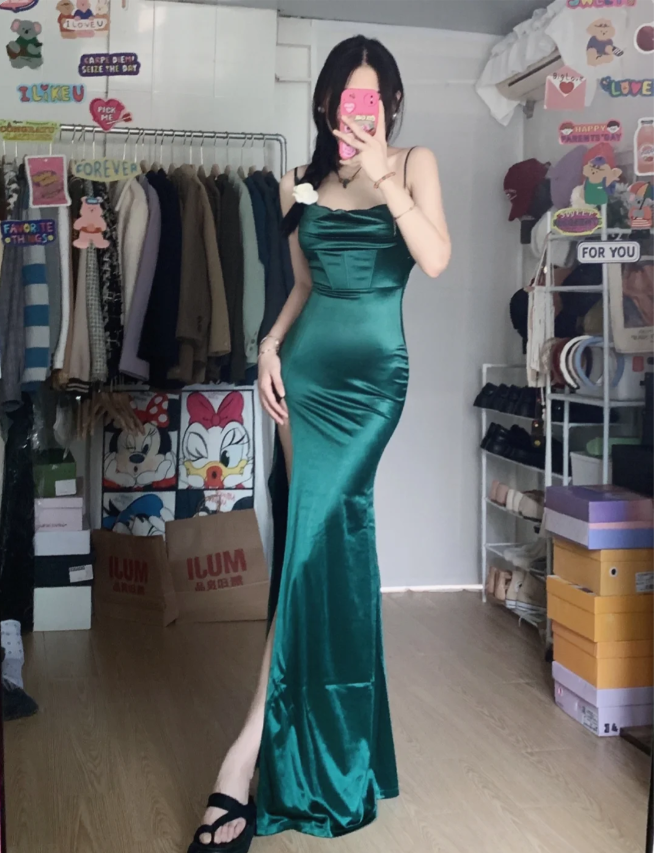 Simple Mermaid Dark Green Thin Strap High Slit Satin Long Classy Prom Dress Secondary image