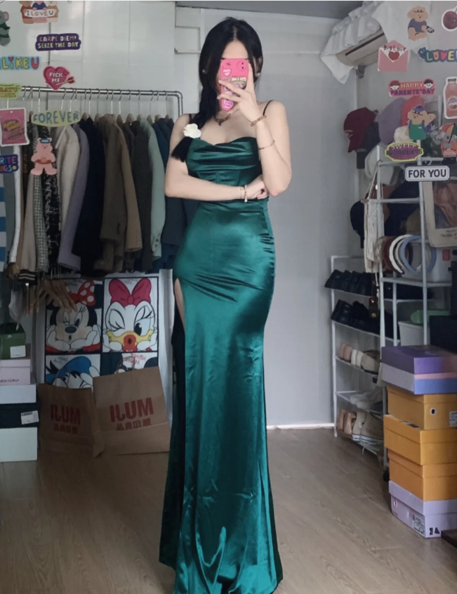 Simple Mermaid Dark Green Thin Strap High Slit Satin Long Classy Prom Dress