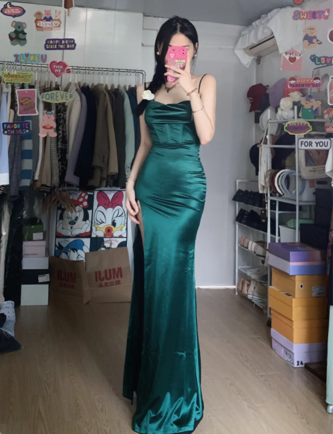Simple Mermaid Dark Green Thin Strap High Slit Satin Long Classy Prom Dress