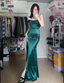 Simple Mermaid Dark Green Thin Strap High Slit Satin Long Classy Prom Dress