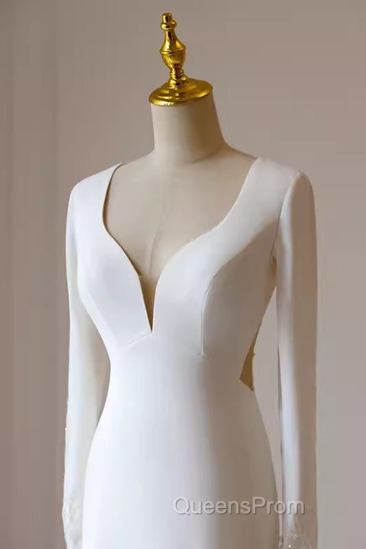 Simple Mermaid V Neckline Satin Ivory Long Sleeves Wedding Dress Secondary image