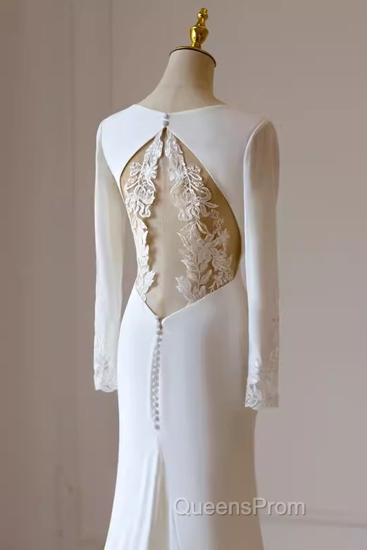Simple Mermaid V Neckline Satin Ivory Long Sleeves Wedding Dress