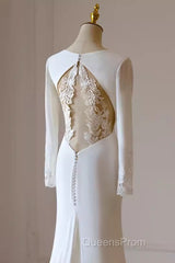 Simple Mermaid V Neckline Satin Ivory Long Sleeves Wedding Dress