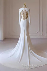Simple Mermaid V Neckline Satin Ivory Long Sleeves Wedding Dress